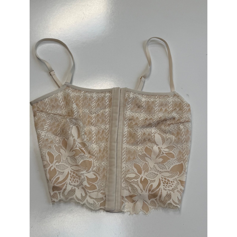 Aerie Real Good Lace Corset Top Cream Tan Floral Plaid Cropped Camisole Small